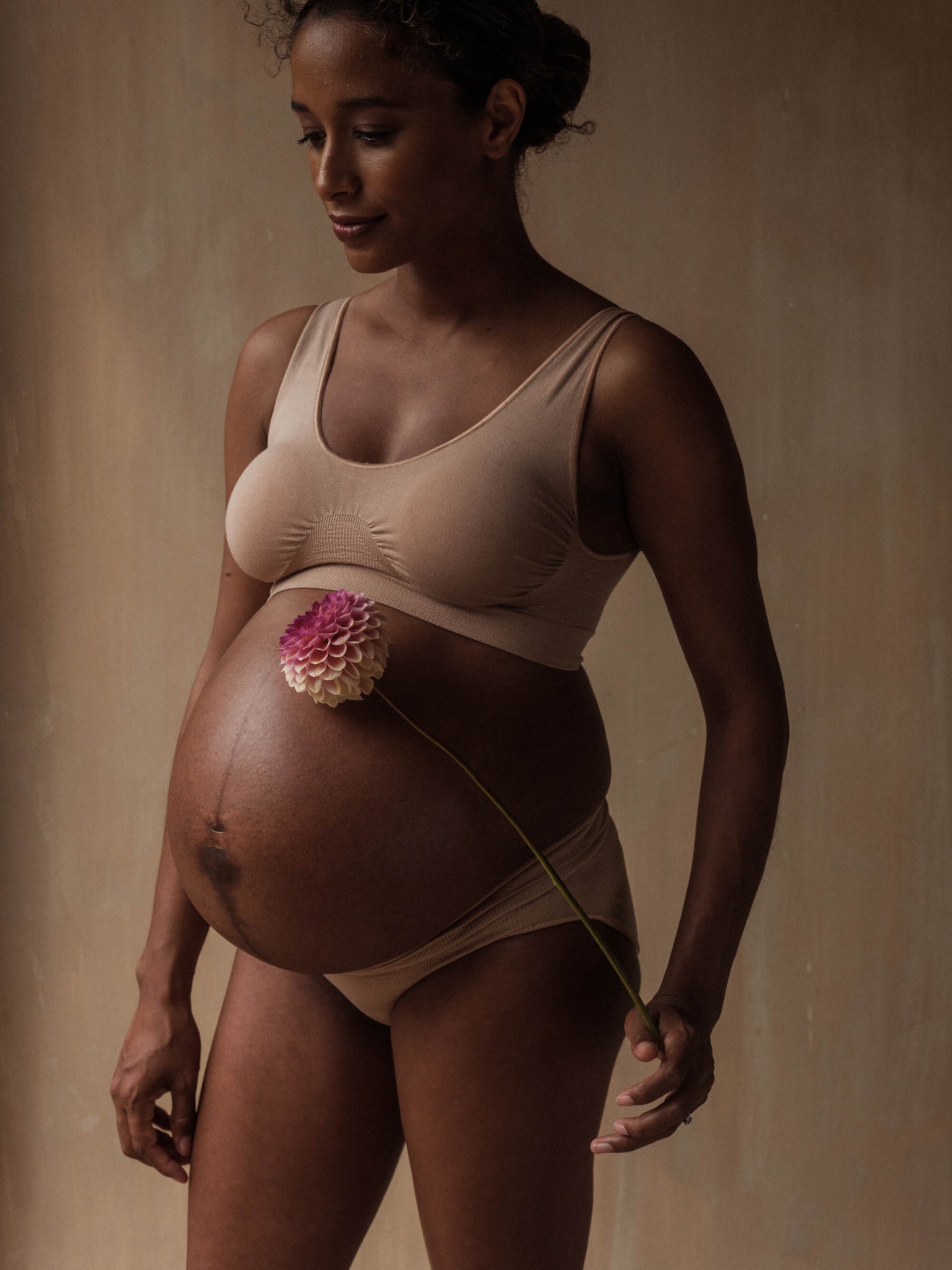 Jorgen House sand colour underwear bra and brief on pregnant female body